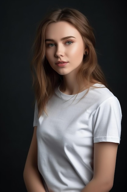 Porträt einer schönen jungen Frau in einem weißen T-Shirt auf dunklem Hintergrund