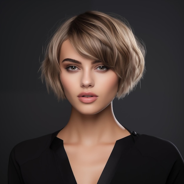 Porträt einer schönen jungen Frau mit eleganter mittlerer kreativer Frisur und natürlichem Make-up