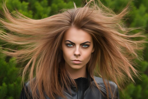 Foto porträt einer schönen jungen frau mit fliegenden haaren im wind