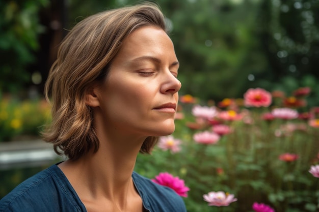 Porträt einer schönen jungen Frau mit geschlossenen Augen im Garten Generative KI