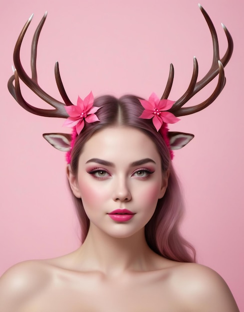 Porträt einer schönen jungen Frau mit Hirschhörnern auf dem Kopf