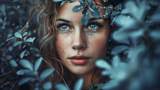 Porträt einer schönen jungen Frau mit langen blonden Haaren und blauen Augen