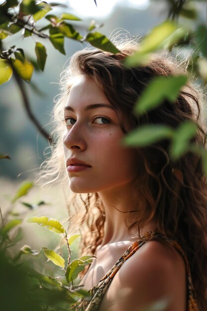 Foto porträt einer schönen jungen frau mit langen braunen lockigen haaren im garten