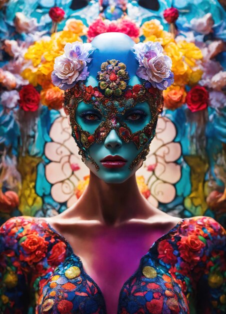 Porträt einer schönen jungen Frau mit leuchtendem Make-up und venezianischer Maske ai generative