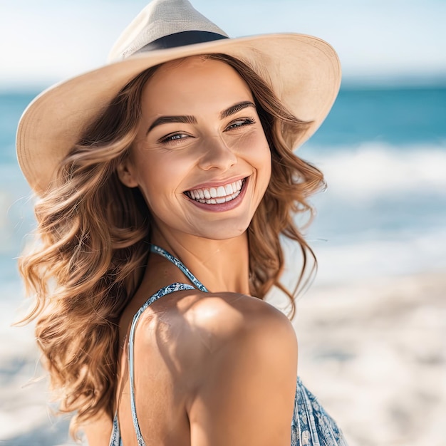 Porträt einer schönen jungen Frau mit lockigem Haar, die am Strand lächelt. Porträt einer schönen jungen Frau