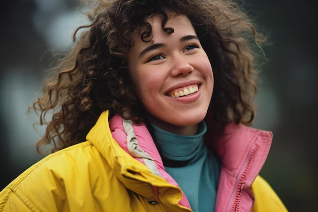 Porträt einer schönen jungen Frau mit lockigem Haar, die im Freien lächelt