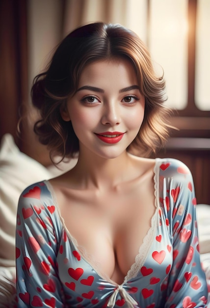 Porträt einer schönen jungen Frau mit lockigem Haar im Schlafanzug