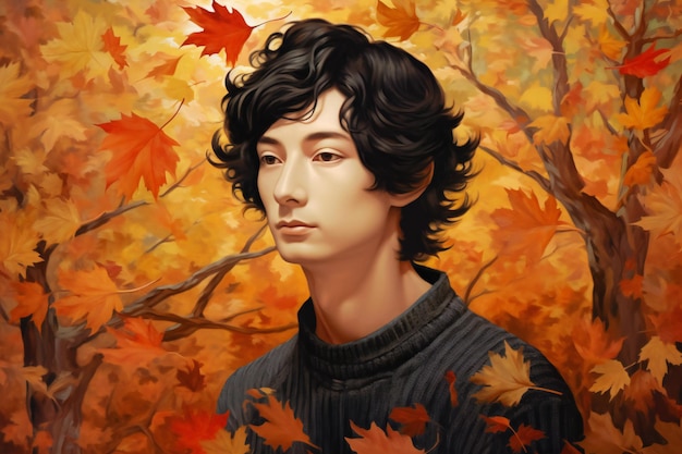 Porträt einer schönen jungen Frau mit lockiger Frisur und Herbstblättern