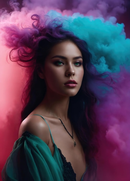 Porträt einer schönen jungen Frau mit rosa Haaren und Rauchwolken ai generativ