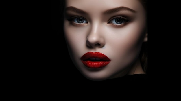 Porträt einer schönen jungen Frau mit roten Lippen auf schwarzem Hintergrund. Generative KI