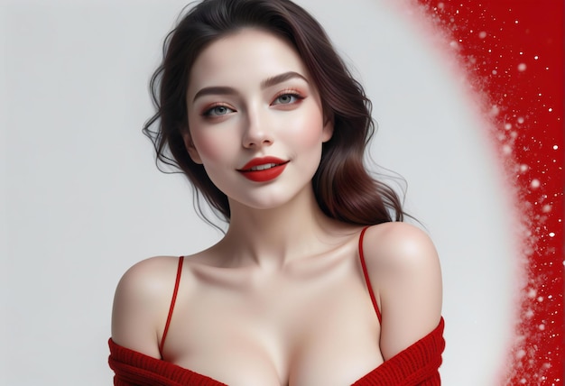 Porträt einer schönen jungen Frau mit roten Lippen in einem roten Kleid