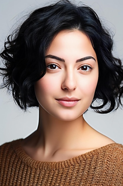 Porträt einer schönen jungen Frau mit schwarzen Haaren und braunem Pullover
