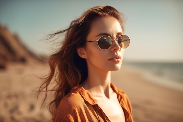 Porträt einer schönen jungen Frau mit Sonnenbrille am Strand Generative KI