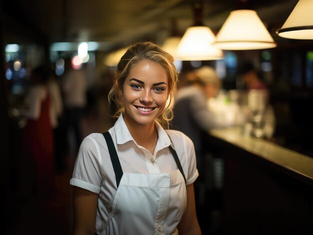 Porträt einer schönen jungen Kellnerin, die lächelnd in einem Restaurant steht