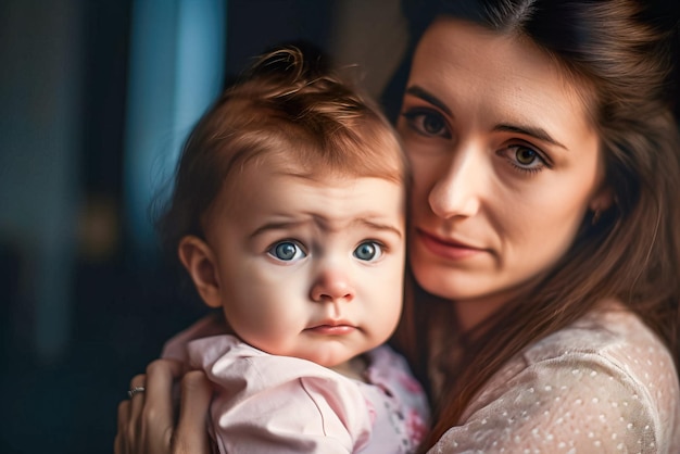 Porträt einer schönen jungen Mutter mit ihrer kleinen Tochter zu Hause Generative KI