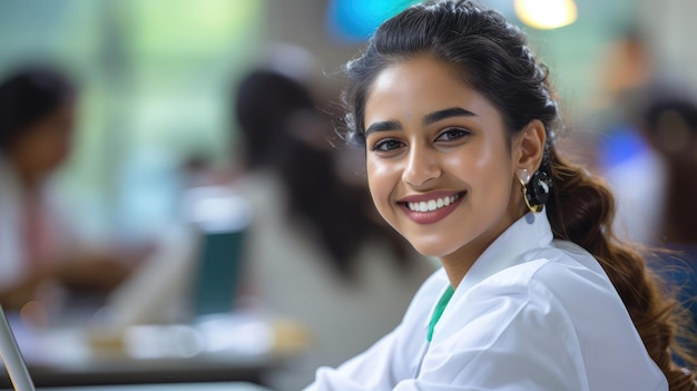 Porträt einer schönen, jungen und intelligent aussehenden indisch-asiatischen Studentin in einem weißen Hemd