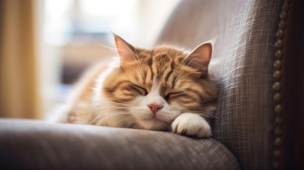 Porträt einer schönen Katze, die auf der Couch im Zimmer liegt und im Apartmenthaus schläft. KI generiert