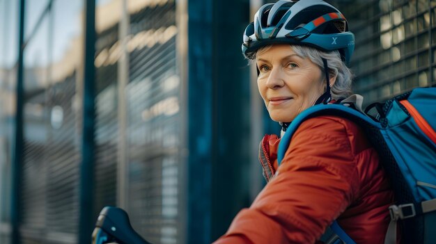 Foto porträt einer schönen kaukasischen fahrradfahrerin mit fahrradhelm und rucksack generative ki