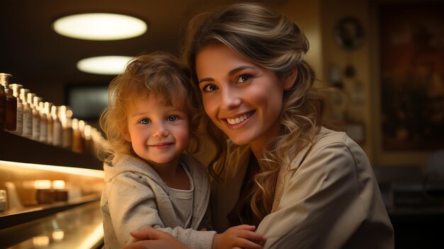 Foto porträt einer schönen lächelnden frau mit einem kind in einem medizinischen konzept einer kinderklinik