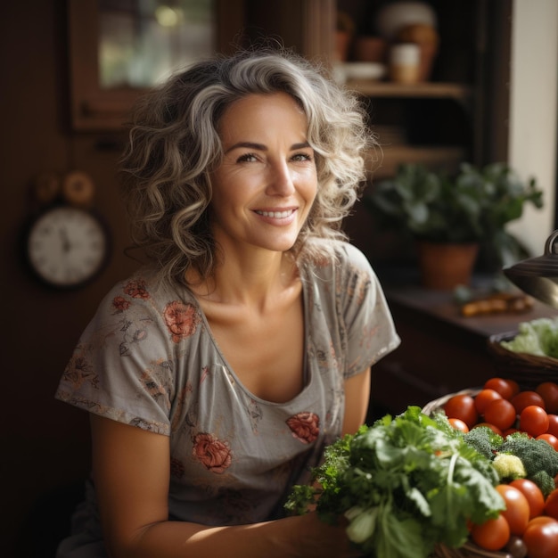 Porträt einer schönen lächelnden Frau mit lockigem grauen Haar in einer rustikalen Küche