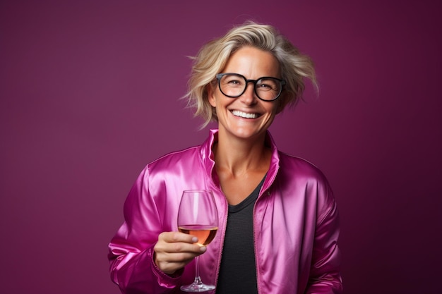 Porträt einer schönen lächelnden Frau mittleren Alters in rosa Jacke und Brille auf lila Hintergrund