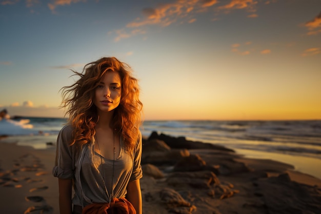 Porträt einer schönen rothaarigen Frau, die vom Sonnenuntergang am Strand beleuchtet wird