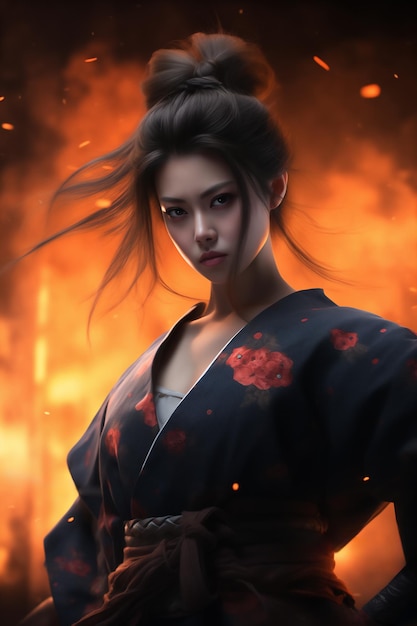 Porträt einer schönen, sexy japanischen Geisha in Kimono auf einem feurigen Hintergrund