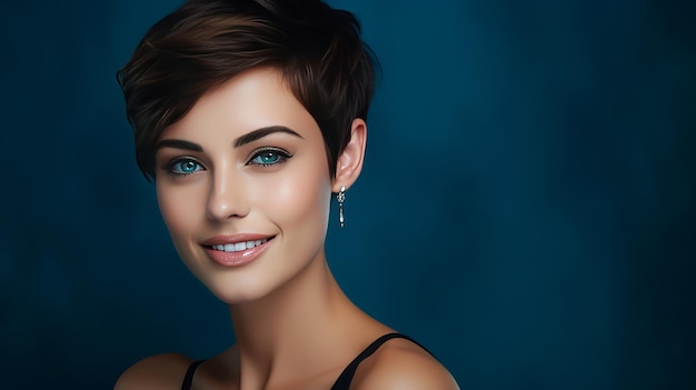 Porträt einer schönen, sexy, lächelnden kaukasischen Frau mit perfekter Haut und kurzen Haaren auf dunkelblau
