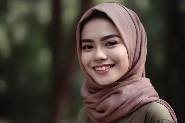 Porträt einer schönen südostasiatischen muslimischen Frau mit Hijab und lächelnder generativer KI