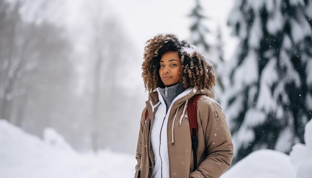 Porträt einer schwarzen Afrikanerin mit Schneeflocken im Hintergrund