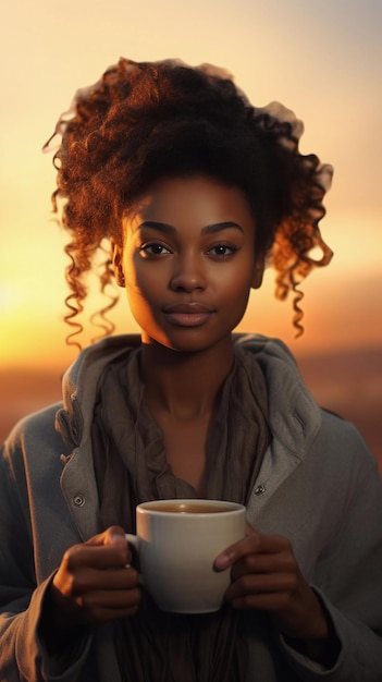 Porträt einer schwarzen Frau, die eine Tasse heißen Kaffee vor dem Hintergrund des Sonnenaufgangs am Morgen hält