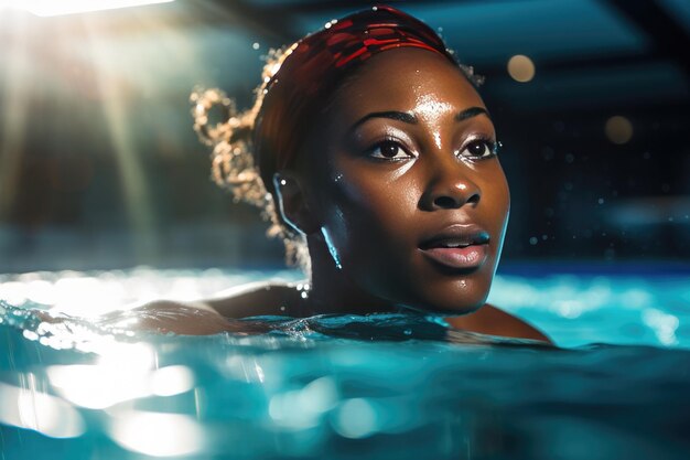 Porträt einer schwarzen Frau, die in einem Sportbecken schwimmt