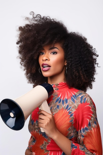 Porträt einer schwarzen Frau oder Designerin im Studio isoliert auf weißem Hintergrund mit Megafon