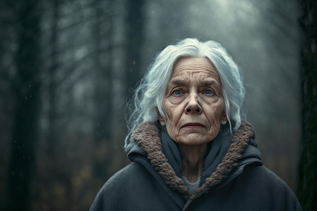 Porträt einer sehr traurigen Seniorin mit natürlichem Gesicht auf nebligem Waldhintergrund Generative KI