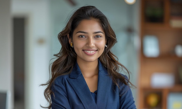 Porträt einer selbstbewussten jungen indischen Geschäftsfrau, die in einem blauen Geschäftsanzug im Büro steht, ein erfolgreicher Unternehmensmanager, der mit gekreuzten Armen für die Kamera posiert und fröhlich lächelt