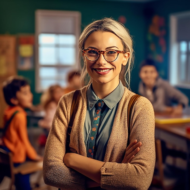 Porträt einer selbstbewussten jungen Lehrerin im Unterricht