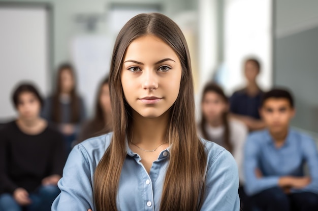 Porträt einer selbstbewussten Studentin mit ihrer Klasse im Hintergrund, erstellt mit generativer AI