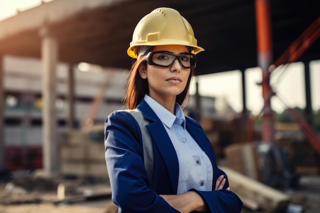 Porträt einer selbstbewussten und intelligenten Bauingenieurin in Hut und Sicherheitsbekleidung