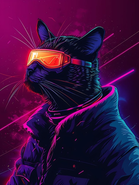 Porträt einer siamesischen Katze mit Neon-Fellmantel und einem futuristischen Visor ein Cyber-Poster-Banner-Flyer