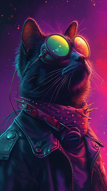 Porträt einer siamesischen Katze mit Neon-Lederjacke, Spitzenhalsband und Goggl Cyber Poster Banner Flyer