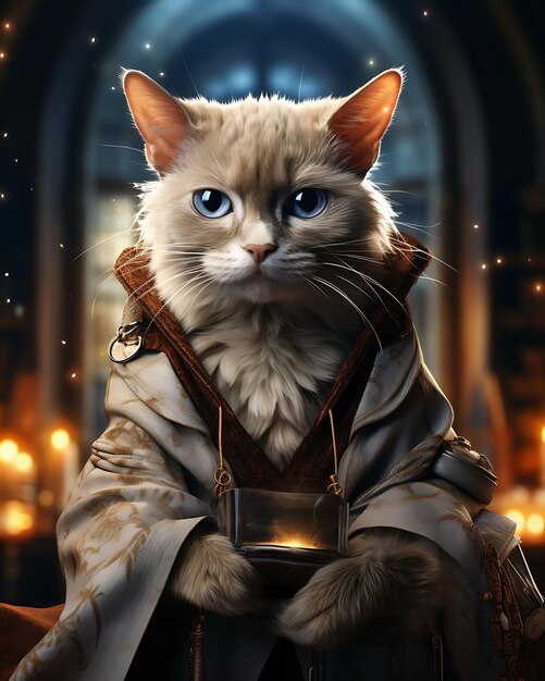 Porträt einer siamischen Katze, verkleidet als Zauberer für eine magische Akademie Veranstaltung Haustier Festkostüm Foto