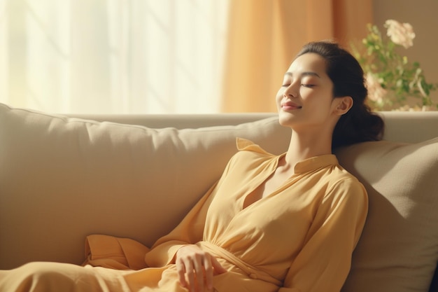 Porträt einer sorglosen asiatischen Frau, die sich am Freitag auf dem Sofa sitzt und lächelt, freut sich, sich zu entspannen.