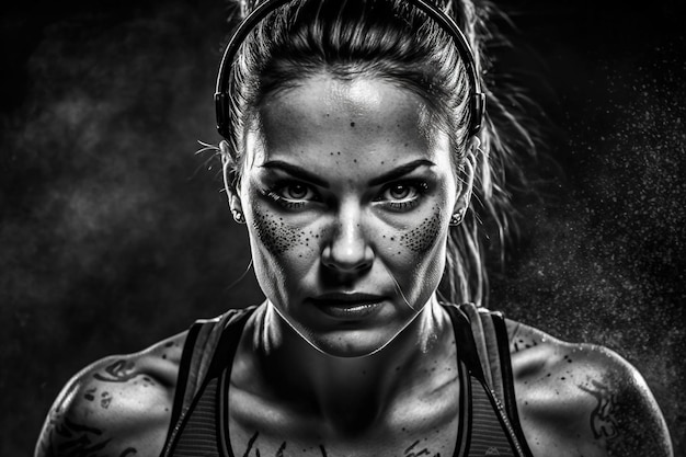Porträt einer sportlichen Frau auf schwarzem Hintergrund Studioaufnahme mit Rauch im Hintergrund