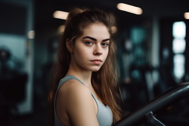 Porträt einer sportlichen jungen Frau im Fitnessstudio, erstellt mit generativer KI