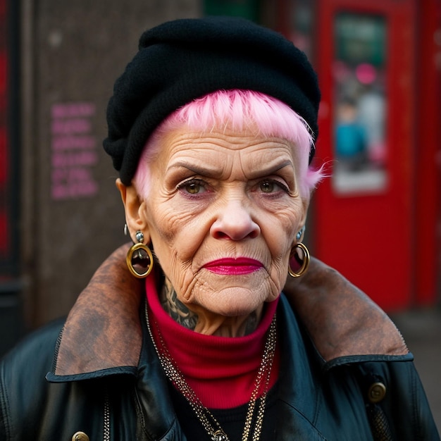 Porträt einer stilvollen älteren Frau mit rosa Haaren auf einer Stadtstraße