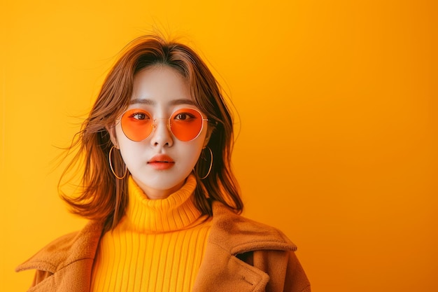 Porträt einer stilvollen jungen Frau in orangefarbenen Farbtönen auf einem leuchtend gelben Hintergrund