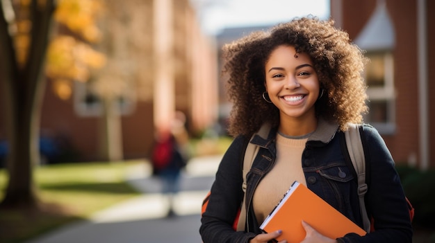 Porträt einer Studentin, die draußen vor dem College-Gebäude steht. Erstellt mit generativer KI-Technologie