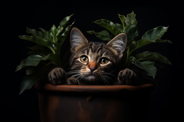 Porträt einer süßen Katze in einem Topf auf schwarzem Hintergrund