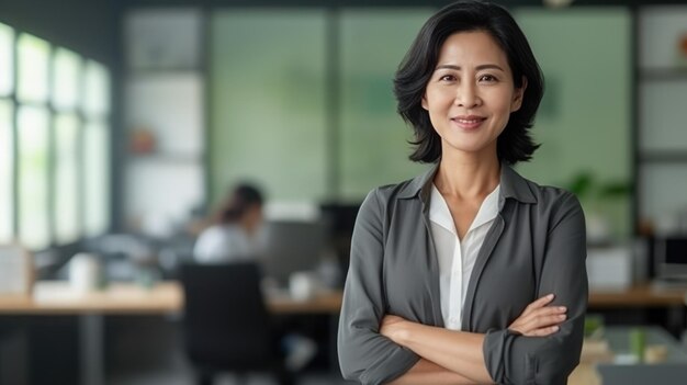 Porträt einer thailändischen reifen Geschäftsfrau, die entspannt im Büro steht