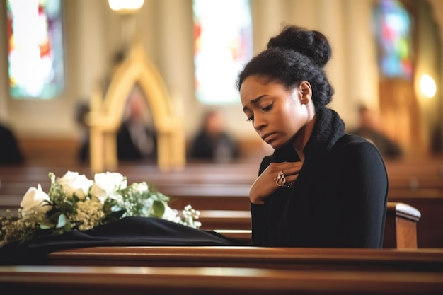 Porträt einer trauernden und trauernden afroamerikanischen Frau in der Kirche Junge schwarze Witwe Generative KI